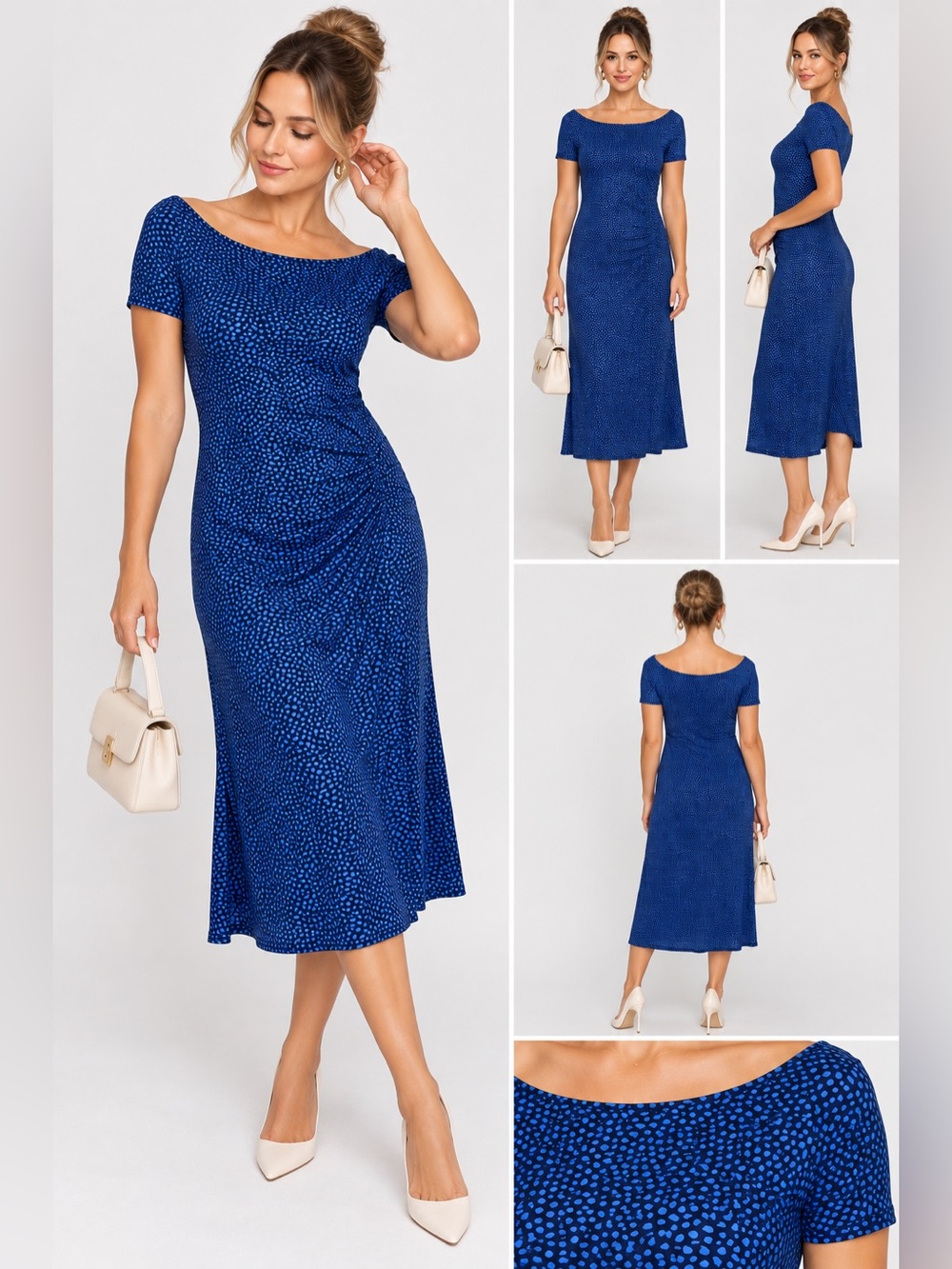Pure Collection Blue Abstract Bardot Jersey Dress Size 8/10